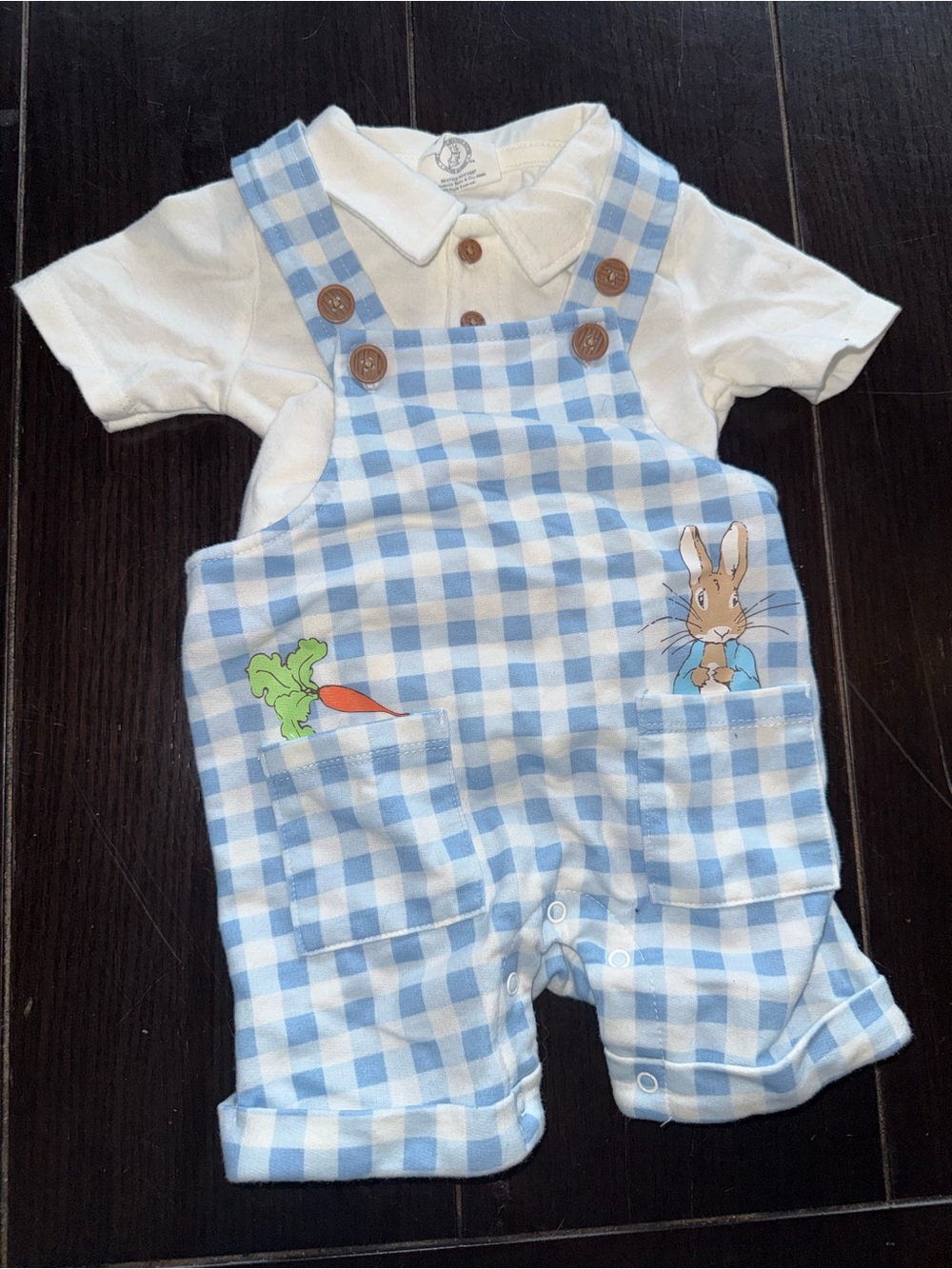 Light Blue Gingham Bunny Pocket Overalls with White Polo